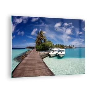 Impression sur verre - Image sur verre - Jetée exotique, bateaux et eau turquoise - 70x50cm - Et cependant, le paradis existe bien - Décoration murale moderne pour le salon et la chambre ARTTOR