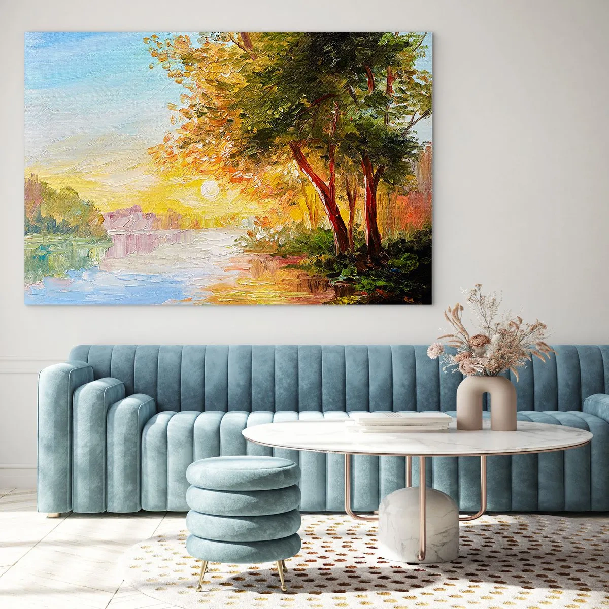 Impression sur verre - Image sur verre - Lac avec des arbres au coucher du soleil - 120x80cm - Et in Arcadia ego - Décoration murale moderne pour le salon et la chambre ARTTOR