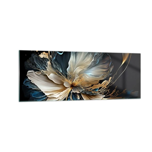 Impression sur verre - Image sur verre - Une fleur dans les tons or et bleu marine sur fond noir - 140x50cm - Fleur de fougère de conte de fées - Décoration murale moderne pour le salon et la chambre ARTTOR