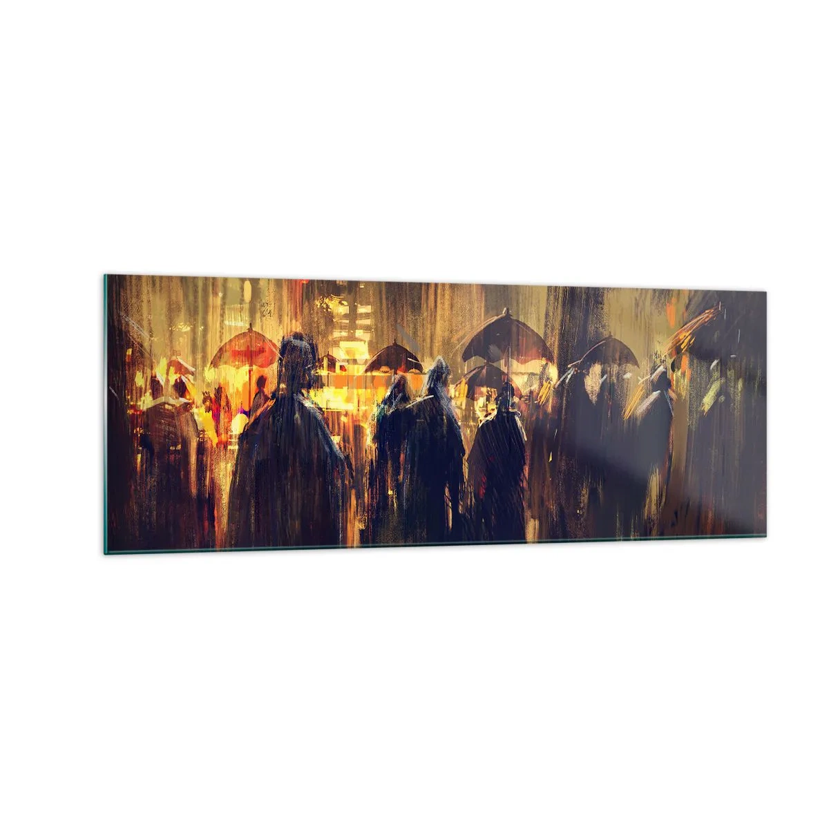 Impression sur verre - Image sur verre - Personnages avec des parapluies dans une ville pluvieuse la nuit - 140x50cm - Adeptes de la pluie - Décoration murale moderne pour le salon et la chambre ARTTOR