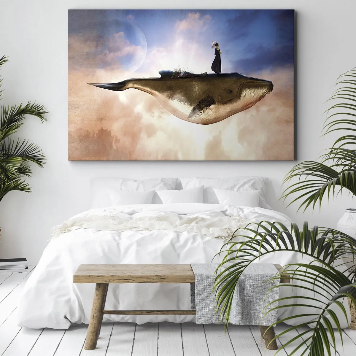 Impression sur toile - Image sur toile - Une scène fantastique d'une femme sur une baleine parmi les nuages - 100x70cm - Voyage irréel - Décoration murale moderne pour le salon et la chambre ARTTOR