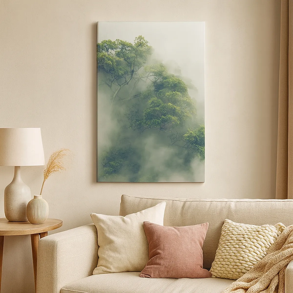 Impression sur toile - Image sur toile - Arbres verts dans un épais brouillard sur fond naturel - 50x70cm - Enveloppé de brouillard - Décoration murale moderne pour le salon et la chambre ARTTOR