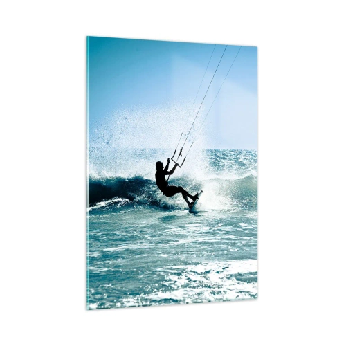 Impression sur verre - Image sur verre - Kitesurfeur sur les vagues de l'océan par une journée ensoleillée - 50x70cm - On se laisse emporter - Décoration murale moderne pour le salon et la chambre ARTTOR