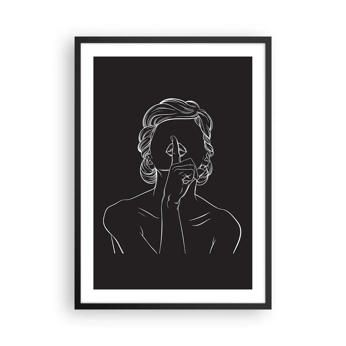 Affiche dans un cadre noir - Poster - Une illustration minimaliste d'une femme faisant un geste de silence sur un fond noir. - 50x70cm - La beauté s'épanouit en silence - Décoration murale moderne pour le salon et la chambre ARTTOR