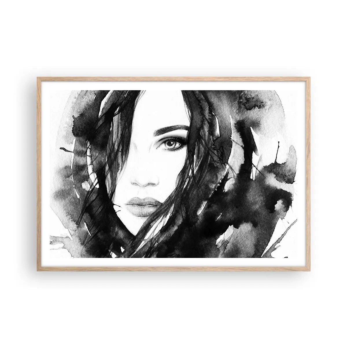 Affiche dans un chêne clair - Poster - Portrait d'une dame en noir et blanc - 100x70 cm