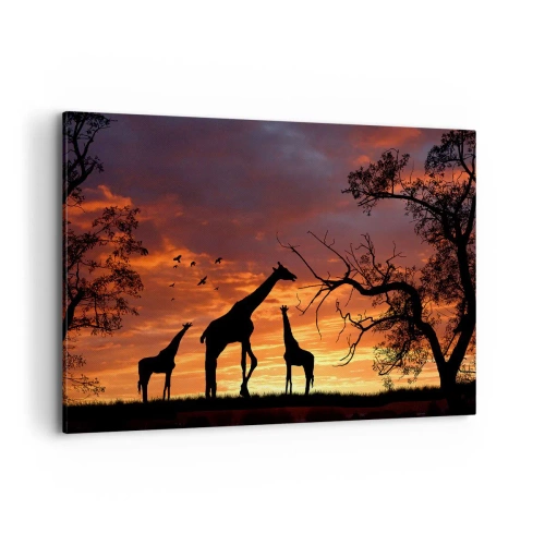 Impression sur toile - Image sur toile - Silhouettes de girafes sur fond de coucher de soleil africain - 100x70cm - Un petit dîner avec vos proches - Décoration murale moderne pour le salon et la chambre ARTTOR