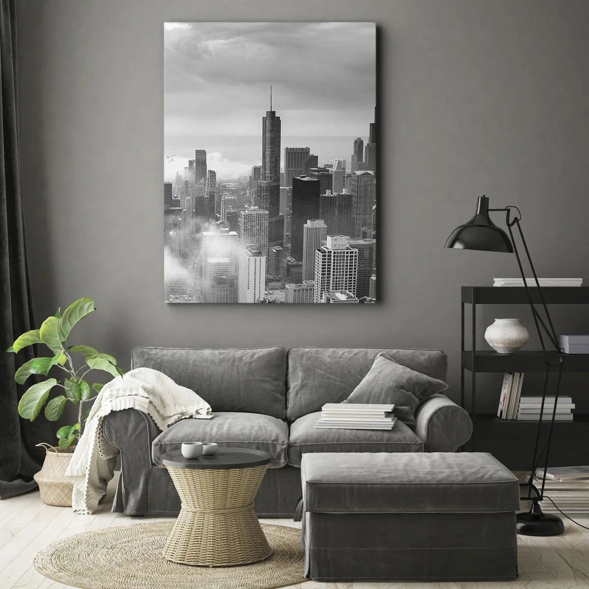 Impression sur toile - Image sur toile - Panorama de la ville avec des gratte-ciels dans les nuages en noir et blanc - 50x70cm - Paysage américain - Décoration murale moderne pour le salon et la chambre ARTTOR