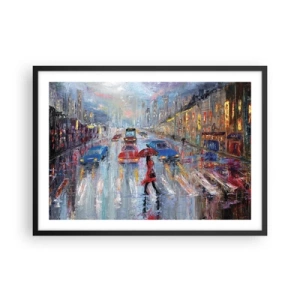 Affiche dans un cadre noir - Poster - Une femme avec un parapluie dans une rue pluvieuse à la lumière du néon. - 70x50cm - Après-midi pluvieux en ville - Décoration murale moderne pour le salon et la chambre ARTTOR