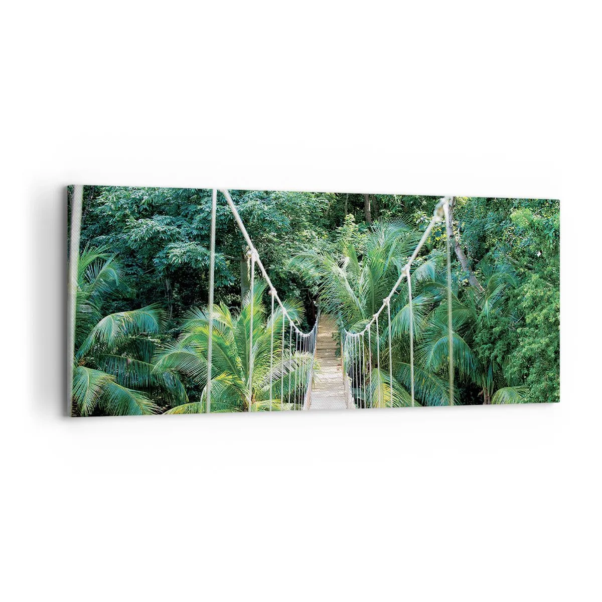 Impression sur toile - Image sur toile - Un pont suspendu dans une jungle tropicale pleine de verdure - 120x50cm - Welcome to the jungle! - Décoration murale moderne pour le salon et la chambre ARTTOR