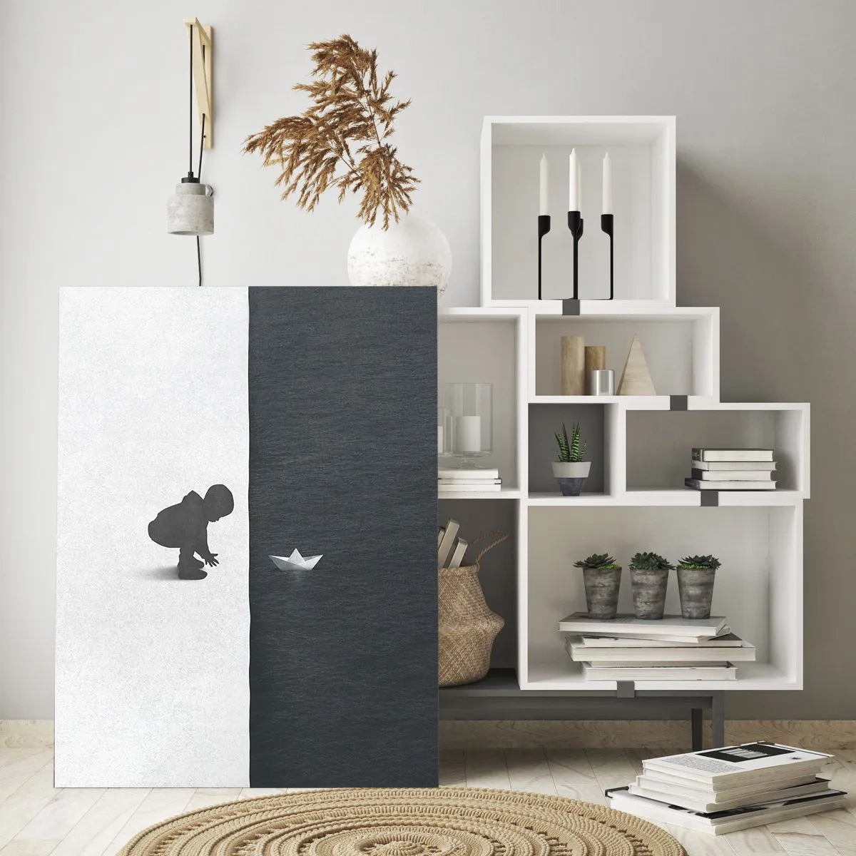 Impression sur verre - Image sur verre - Une figure d'enfant avec un bateau en papier sur un fond de moitiés contrastées - 70x100cm - Grande expédition - Décoration murale moderne pour le salon et la chambre ARTTOR