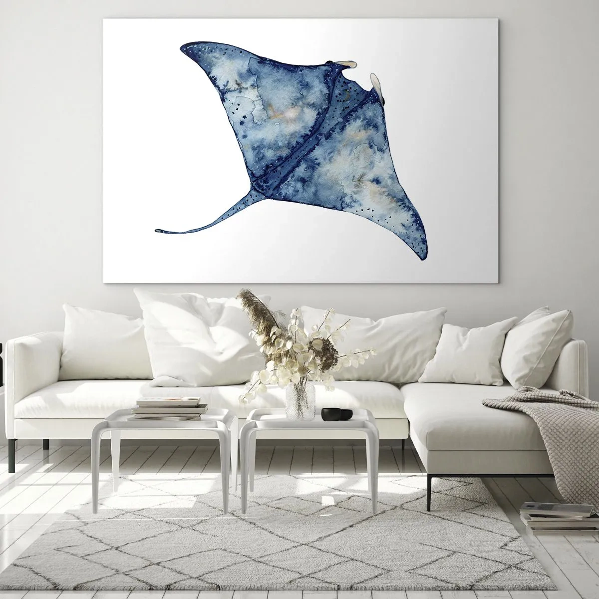 Impression sur verre - Image sur verre - Rayon bleu marine en style aquarelle sur fond blanc - 120x80cm - La vie en bleu - Décoration murale moderne pour le salon et la chambre ARTTOR