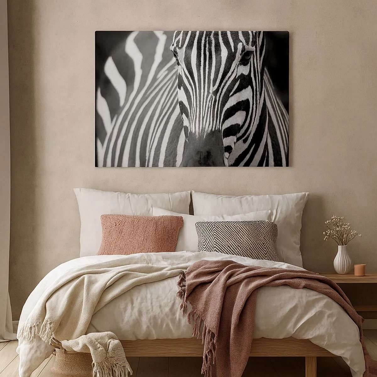Impression sur toile - Image sur toile - Gros plan noir et blanc d'un zèbre avec ses rayures distinctives. - 70x50cm - Le monde est noir et blanc - Décoration murale moderne pour le salon et la chambre ARTTOR