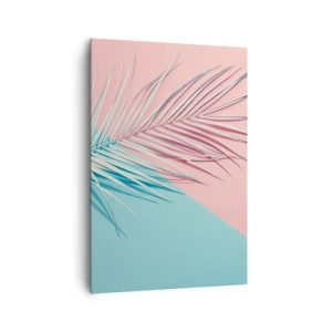Impression sur toile - Image sur toile - Feuille tropicale sur un fond de tons pastel de rose et de bleu - 70x100cm - Impression tropicale - Décoration murale moderne pour le salon et la chambre ARTTOR
