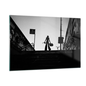 Impression sur verre - Image sur verre - Silhouette noire et blanche d'une femme sur fond de paysage urbain - 120x80cm - Pèlerinage urbain - Décoration murale moderne pour le salon et la chambre ARTTOR