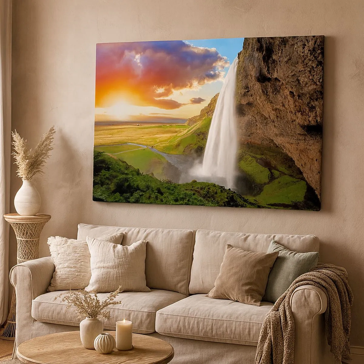 Impression sur toile - Image sur toile - Une cascade dans un paysage pittoresque au coucher du soleil - 70x50cm - La plénitude de l'été islandais - Décoration murale moderne pour le salon et la chambre ARTTOR