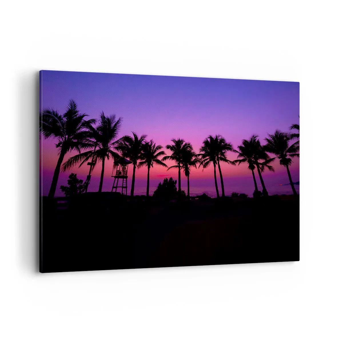 Impression sur toile - Image sur toile - Silhouettes de palmiers sur un ciel de coucher de soleil rose-violet - 120x80cm - Soirée sous les palmiers - Décoration murale moderne pour le salon et la chambre ARTTOR