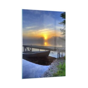 Impression sur verre - Image sur verre - Un bateau à quai au lever du soleil sur le lac - 50x70cm - Comment l'ordinaire se transforme en magie - Décoration murale moderne pour le salon et la chambre ARTTOR