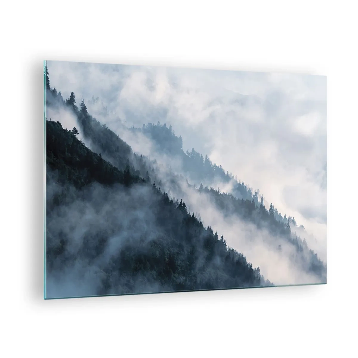 Impression sur verre - Image sur verre - Panorama de montagne brumeux avec une forêt sombre - 70x50cm - Mysticisme des montagnes - Décoration murale moderne pour le salon et la chambre ARTTOR