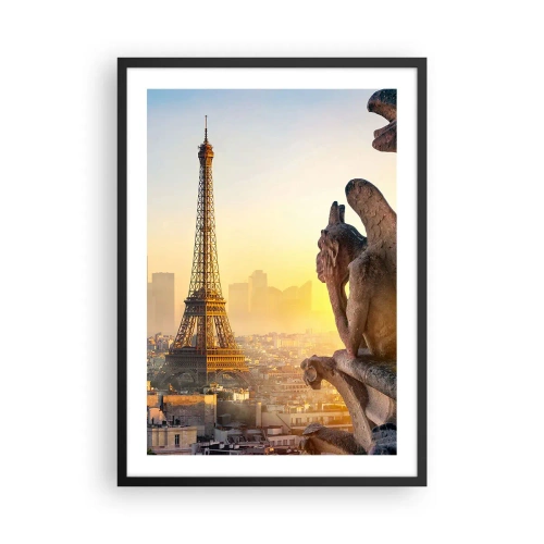 Affiche dans un cadre noir - Poster - Une vue de la Tour Eiffel au lever du soleil avec une perspective des gargouilles de pierre - 50x70cm - Tellement de choses ont changés... - Décoration murale moderne pour le salon et la chambre ARTTOR
