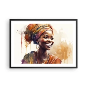 Affiche dans un cadre noir - Poster - Portrait d'une femme souriante dans un foulard coloré à l'aquarelle - 70x50cm - reine africaine - Décoration murale moderne pour le salon et la chambre ARTTOR