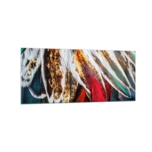 Impression sur verre - Image sur verre - Gros plan de plumes multicolores aux couleurs vives et intenses - 120x50cm - Secrets de vol - Décoration murale moderne pour le salon et la chambre ARTTOR