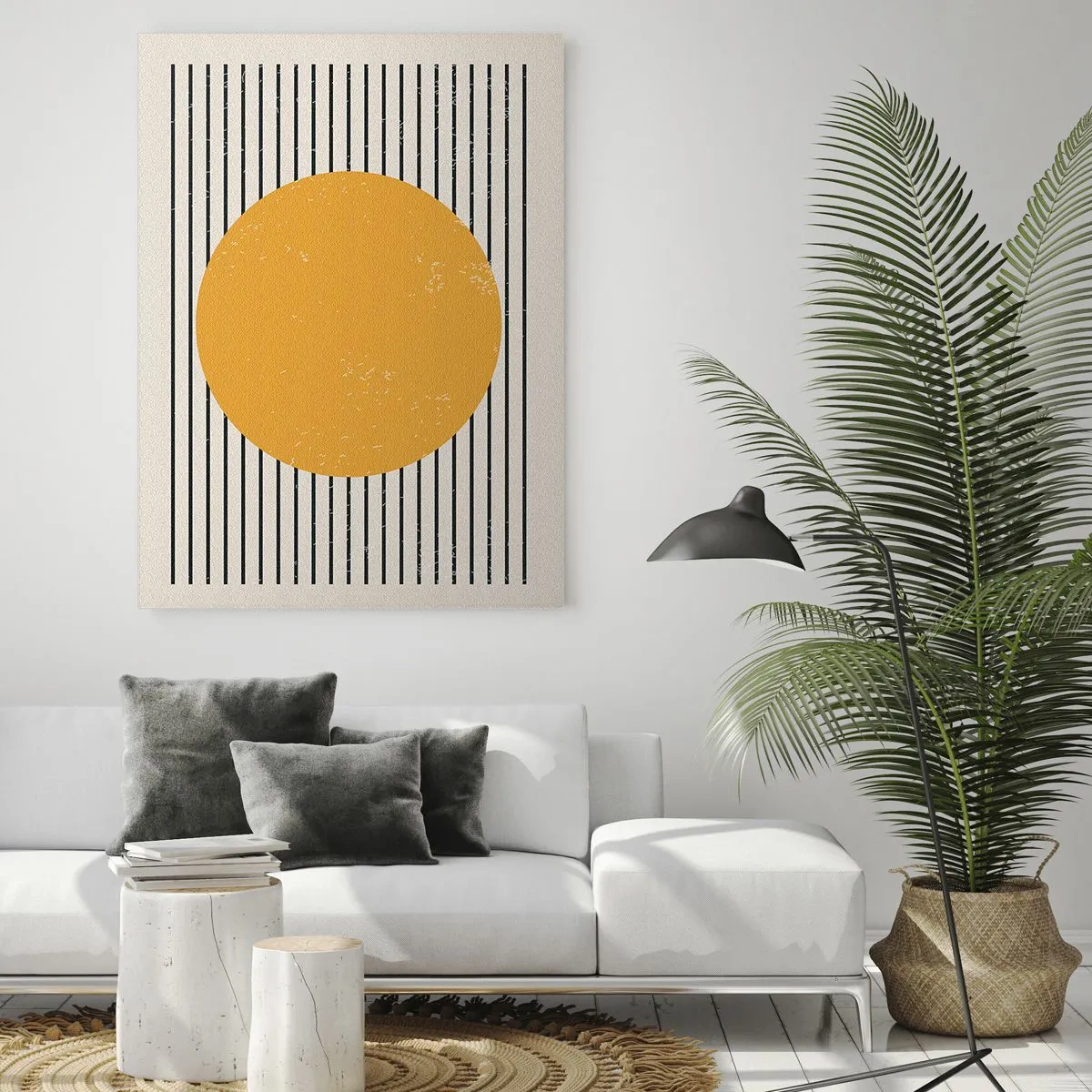 Impression sur verre - Image sur verre - Un cercle jaune sur un fond de lignes horizontales noires et blanches - 70x100cm - Le pouvoir de la simplicité - Décoration murale moderne pour le salon et la chambre ARTTOR