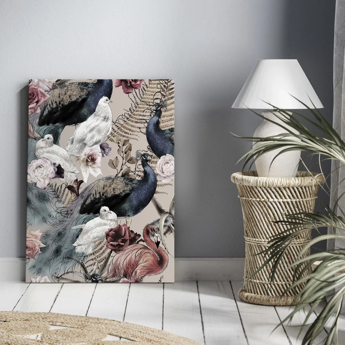 Impression sur toile - Image sur toile - Un paysage avec des plumes de paon, des roses et des oiseaux dans un style romantique. - 80x120cm - Dans un jardin de palace - Décoration murale moderne pour le salon et la chambre ARTTOR