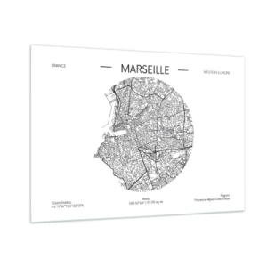 Impression sur verre - Image sur verre - Carte en noir et blanc de la ville de Marseille dans un style moderne - 100x70cm - Anatomie de Marseille - Décoration murale moderne pour le salon et la chambre ARTTOR