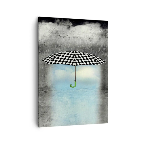 Impression sur toile - Image sur toile - Un parapluie à carreaux sur un paysage pluvieux - 50x70cm - Et pourtant c'est possible - Décoration murale moderne pour le salon et la chambre ARTTOR