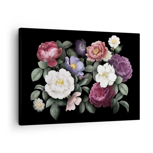 Impression sur toile - Image sur toile - Fleurs de différentes couleurs sur fond noir - 70x50cm - D'un jardin anglais - Décoration murale moderne pour le salon et la chambre ARTTOR