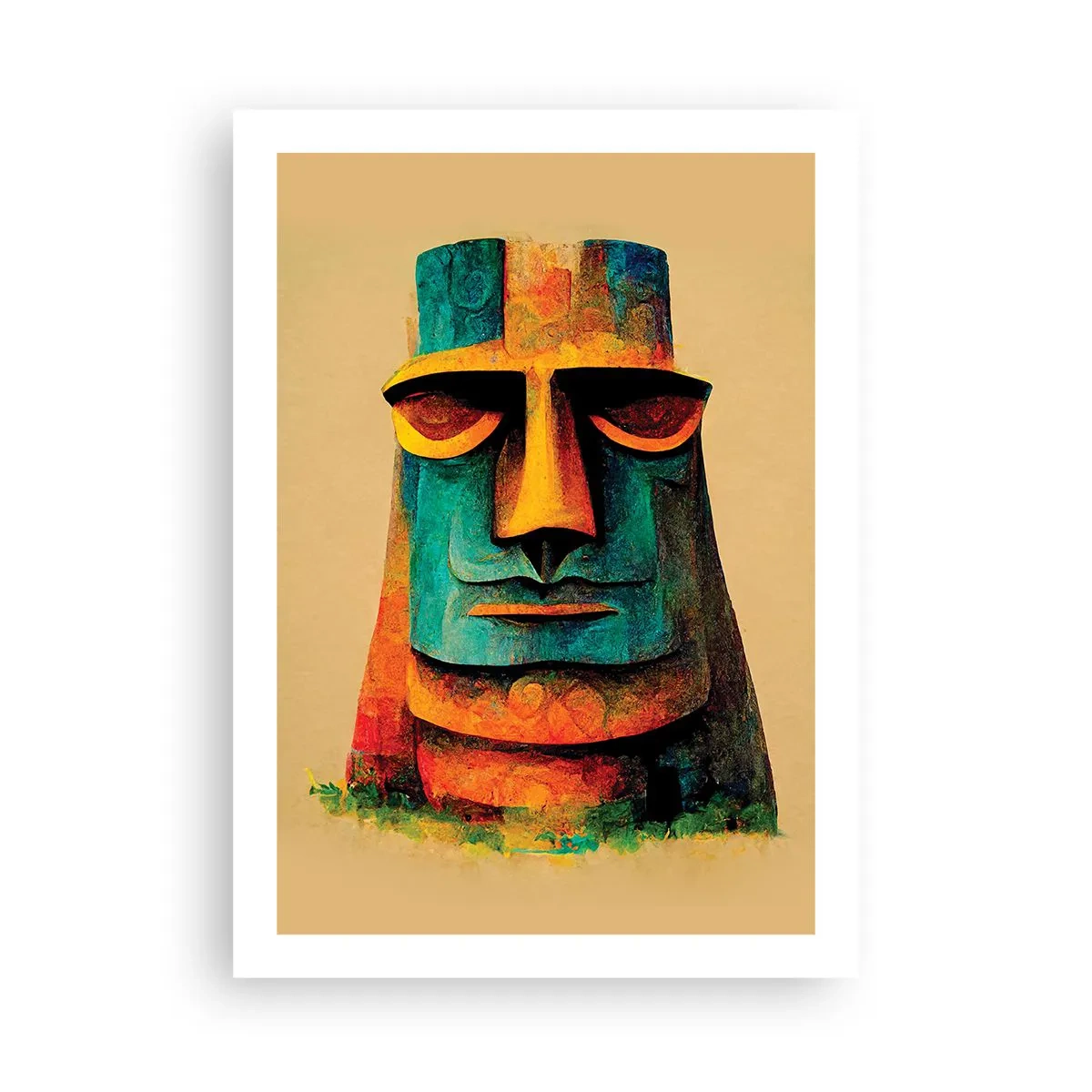 Affiche - Poster - Une interprétation colorée d'une statue Moai sur fond beige - 50x70cm - Statuesque et sympathique - Décoration murale moderne pour le salon et la chambre ARTTOR