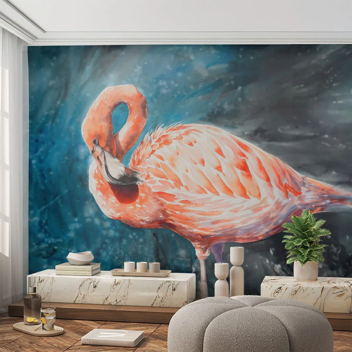 Papier Peint Photo Premium Sand - Un flamant rose sur fond de composition picturale aux tons bleus. - 100x70cm - Décoratif par nature - Décoration murale moderne pour le salon et la chambre ARTTOR