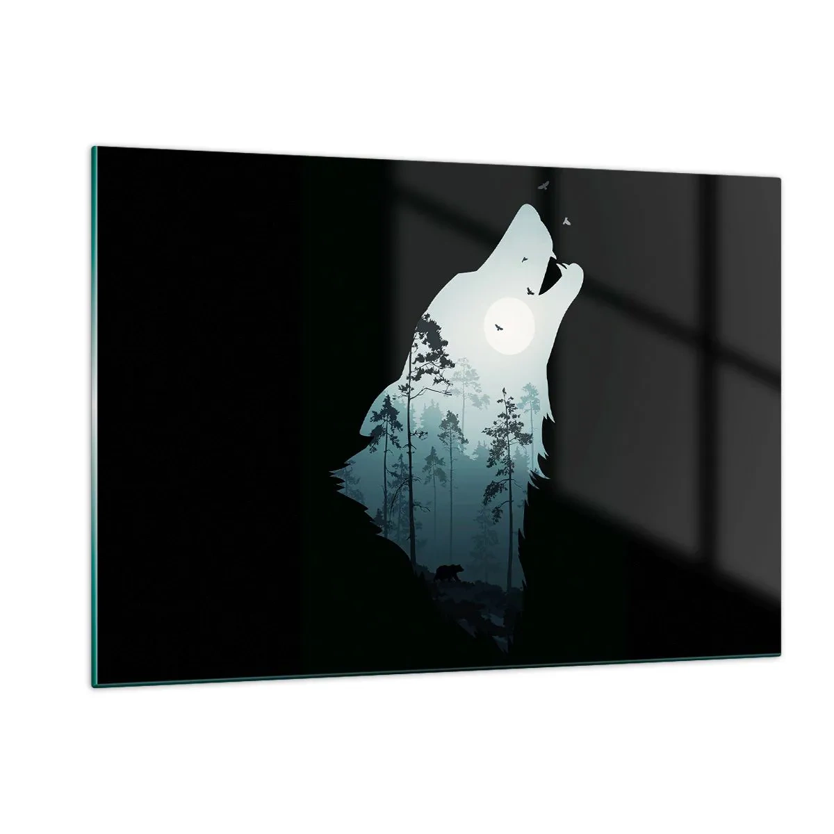 Impression sur verre - Image sur verre - Silhouette d'un loup avec une forêt et la lune en arrière-plan sur un fond noir - 120x80cm - La voix de nuit de la forêt - Décoration murale moderne pour le salon et la chambre ARTTOR
