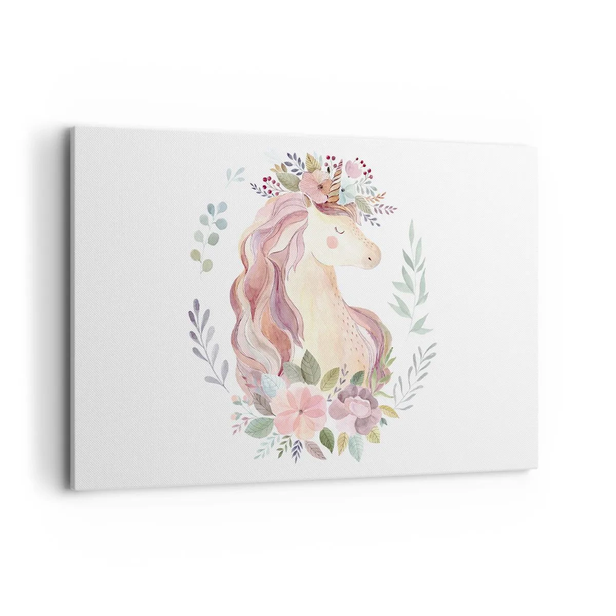 Impression sur toile - Image sur toile - Une licorne aux couleurs pastel entourée de fleurs - 120x80cm - Invitation au monde des contes de fées - Décoration murale moderne pour le salon et la chambre ARTTOR