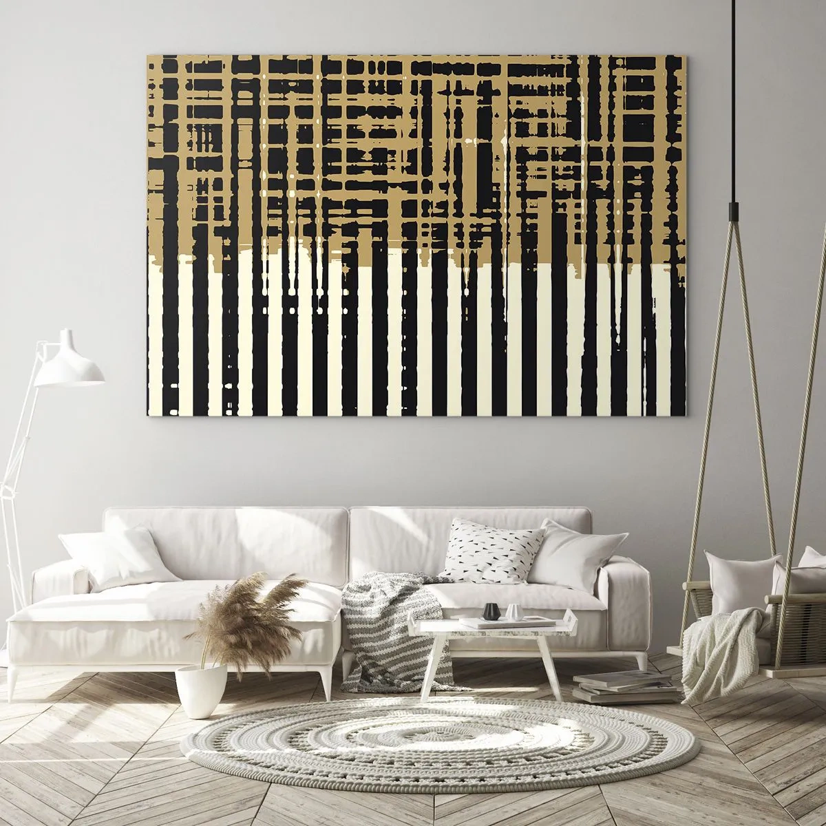 Impression sur verre - Image sur verre - Rayures et lignes géométriques dans des tons de noir et d'or - 70x50cm - Abstraction architecturale - Décoration murale moderne pour le salon et la chambre ARTTOR