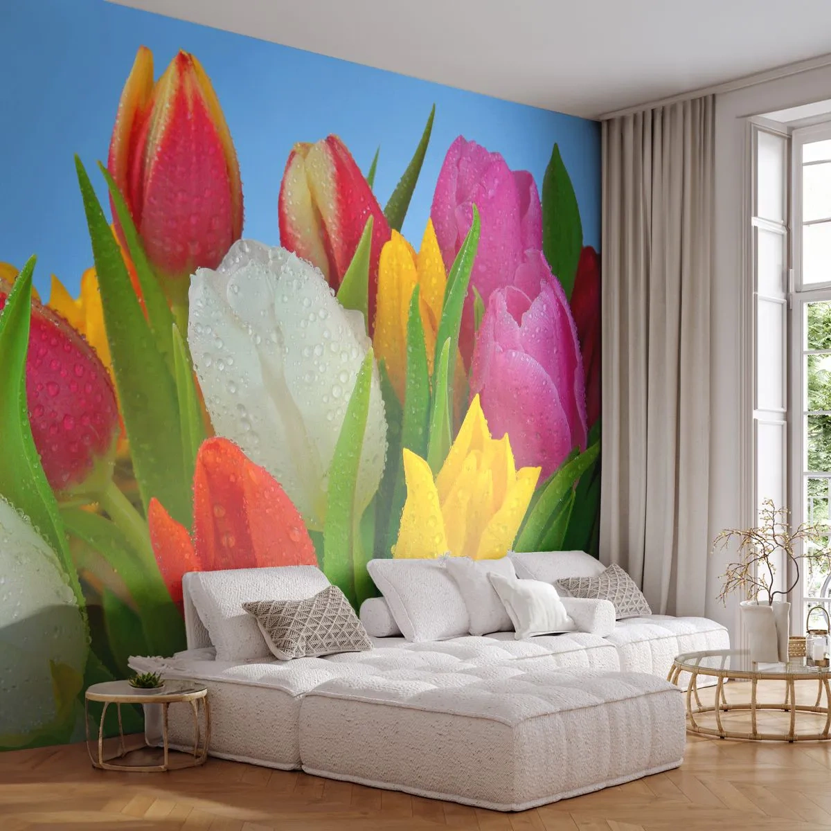 Papier Peint Photo Premium Sand - Un arc-en-ciel fleuri en gouttes de rosée - Tulipes, Fleurs, Bouquet de fleurs - 300x210 cm