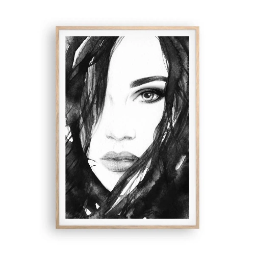 Affiche dans un chêne clair - Poster - Portrait d'une dame en noir et blanc - 70x100 cm