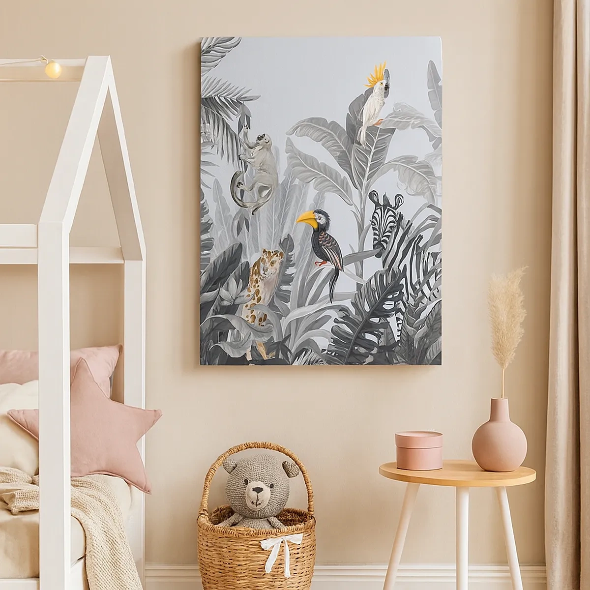 Impression sur toile - Image sur toile - Jungle tropicale avec des animaux exotiques sur fond gris - 50x70cm - Conte de fées africain - Décoration murale moderne pour le salon et la chambre ARTTOR