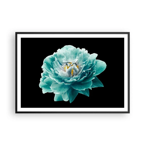 Affiche dans un cadre noir - Poster - Fleur de pivoine turquoise sur fond noir - 100x70cm - Pétales bleus et dorés - Décoration murale moderne pour le salon et la chambre ARTTOR