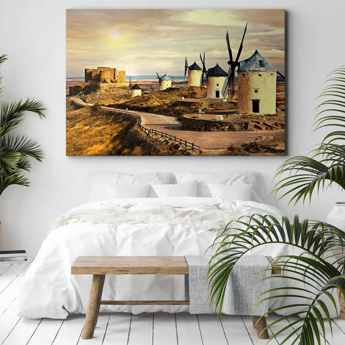 Impression sur toile - Image sur toile - Moulins à vent sur les collines avec un château historique en arrière-plan - 70x50cm - Don Quichotte est sur le point d'arriver - Décoration murale moderne pour le salon et la chambre ARTTOR