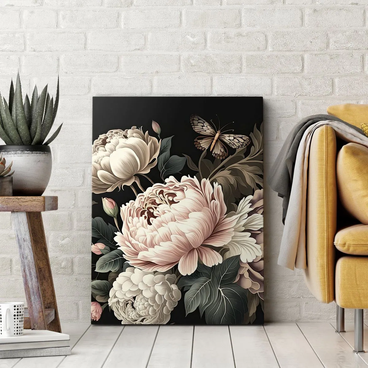 Impression sur toile - Image sur toile - Un bouquet de fleurs roses et de papillons sur fond noir - 70x100cm - De style baroque - Décoration murale moderne pour le salon et la chambre ARTTOR