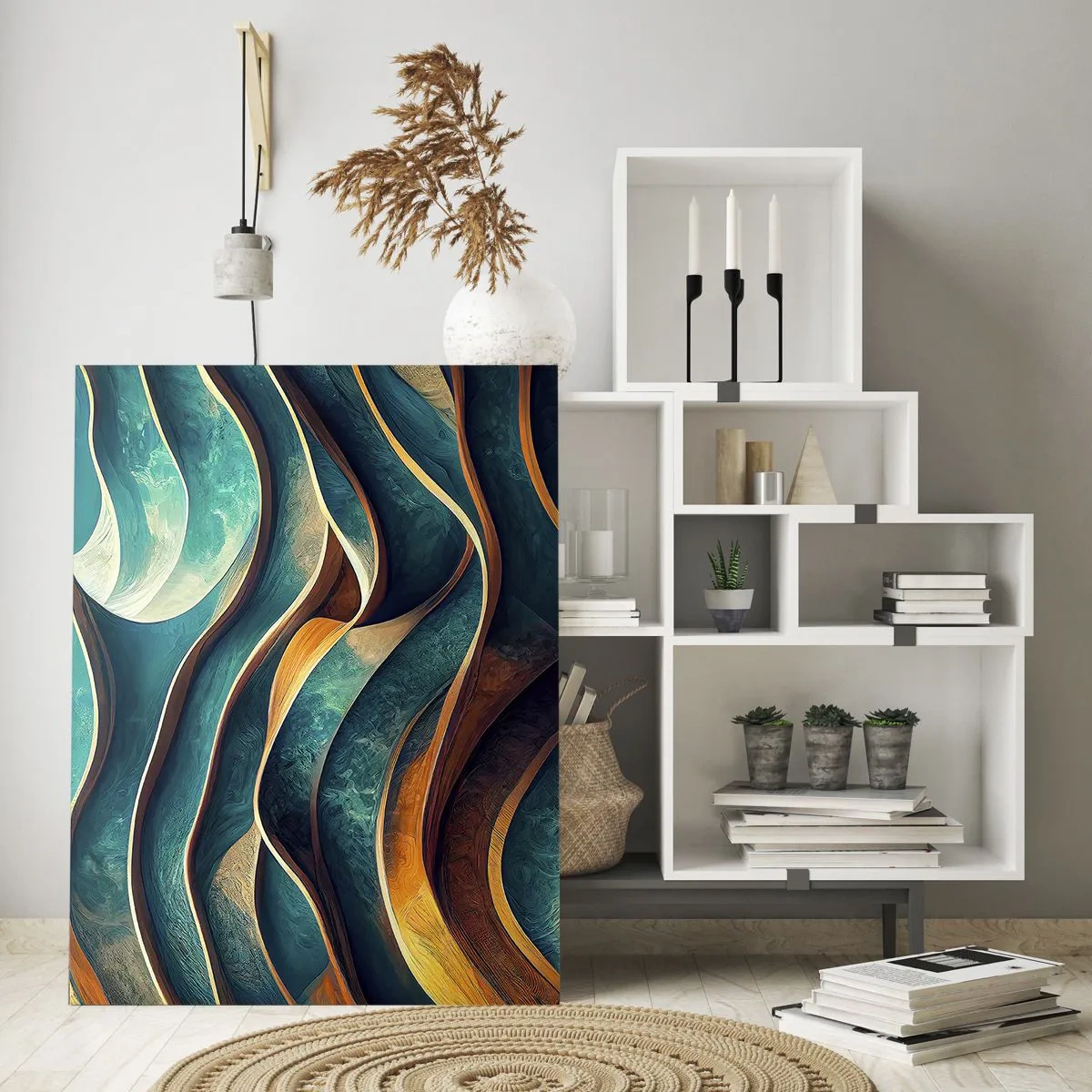 Impression sur verre - Image sur verre - Lignes dynamiques en bleu et cuivre créant des vagues - 50x70cm - Méandres de bleu - Décoration murale moderne pour le salon et la chambre ARTTOR