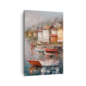 Impression sur toile - Image sur toile - Paysage de bord de mer avec des bateaux et des maisons colorées - 80x120cm - Havre romantique - Décoration murale moderne pour le salon et la chambre ARTTOR