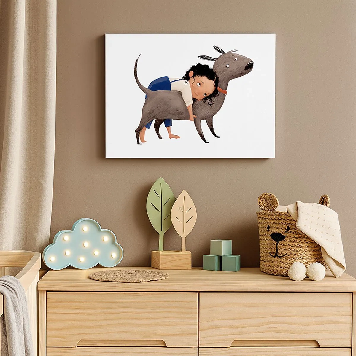 Impression sur toile - Image sur toile - Illustration de style dessin animé d'un enfant serrant un chien dans ses bras - 70x50cm - Les meilleurs amis - Décoration murale moderne pour le salon et la chambre ARTTOR