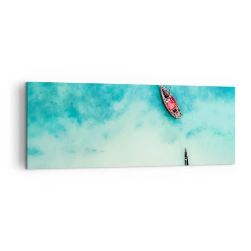 Impression sur toile - Image sur toile - Bateaux sur l'eau turquoise vus à vol d'oiseau - 140x50cm - Car sur les plages de Zanzibar, quand il y a un débordement d'eau... - Décoration murale moderne pour le salon et la chambre ARTTOR