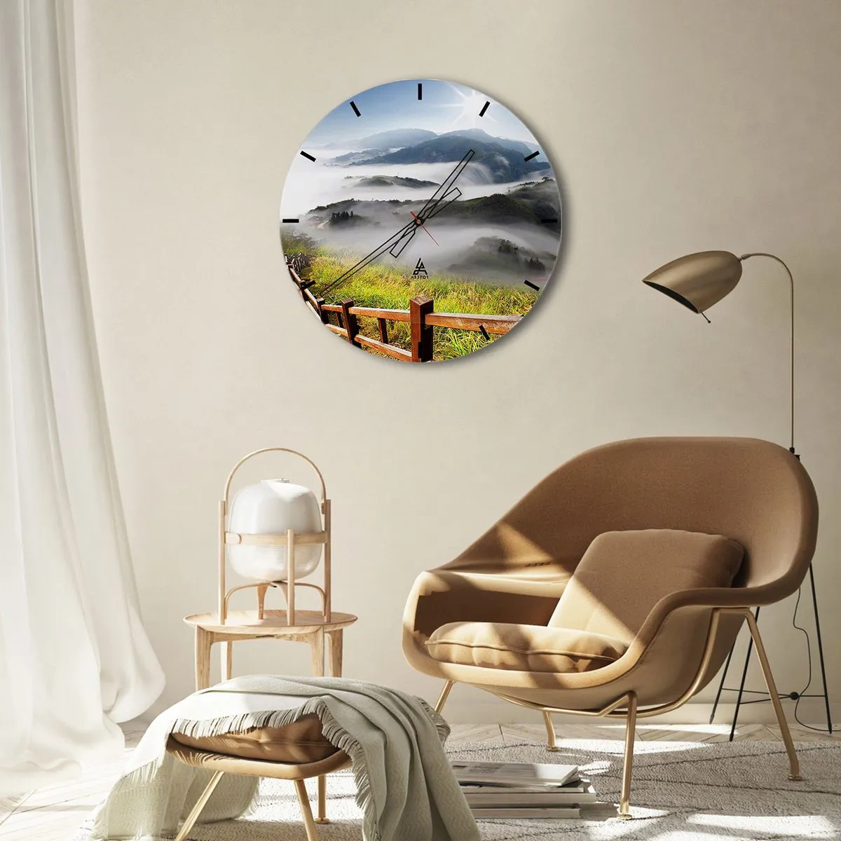 Horloge murale - Pendule murale - Vue d'une vallée brumeuse avec une clôture en bois - 30x30cm - Tissé d'éblouissement et de brouillard - Décoration murale moderne pour le salon, la cuisine et la chambre ARTTOR