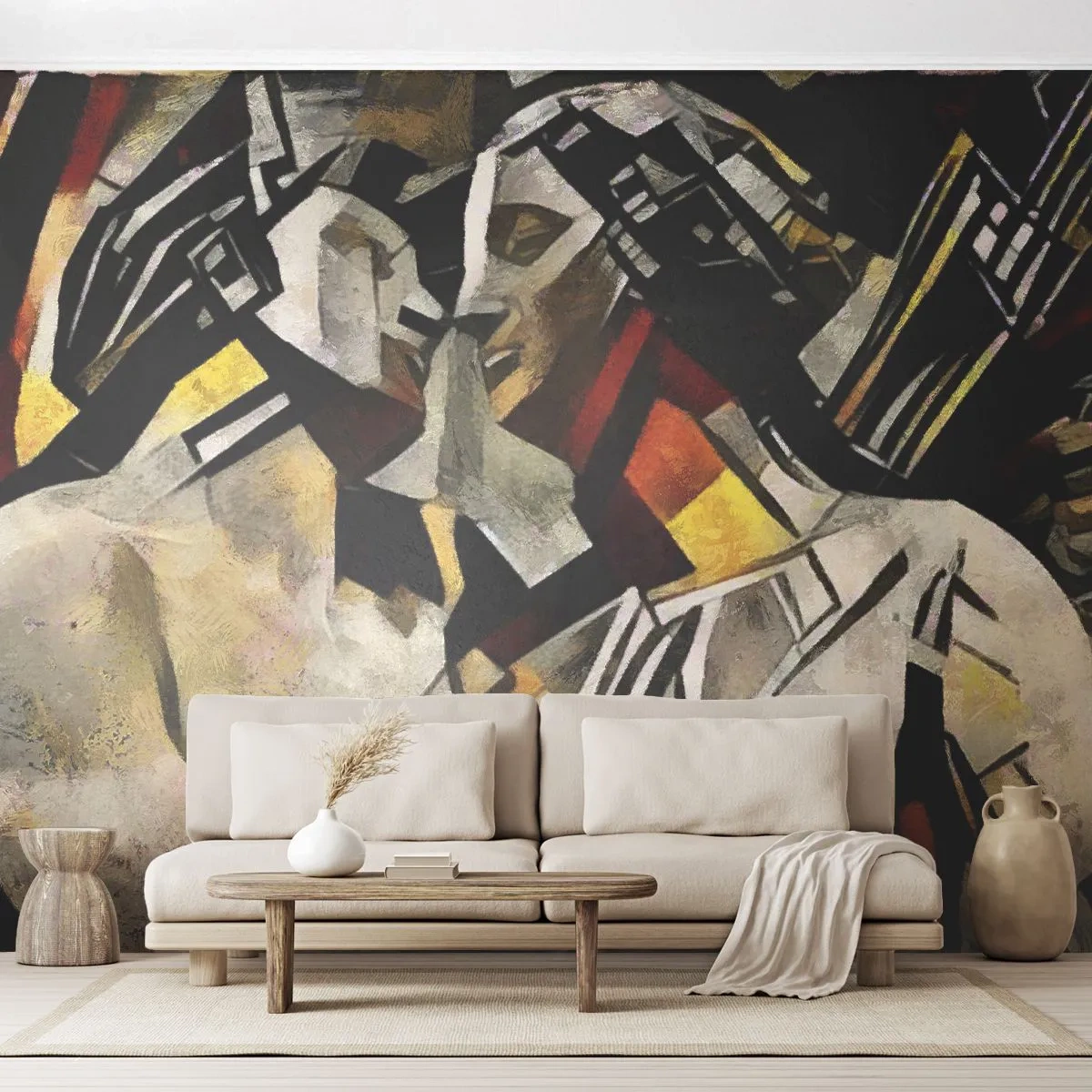 Papier Peint Photo Premium Sand - Un couple abstrait dans une composition géométrique - 100x70cm - Un baiser sculptural - Décoration murale moderne pour le salon et la chambre ARTTOR