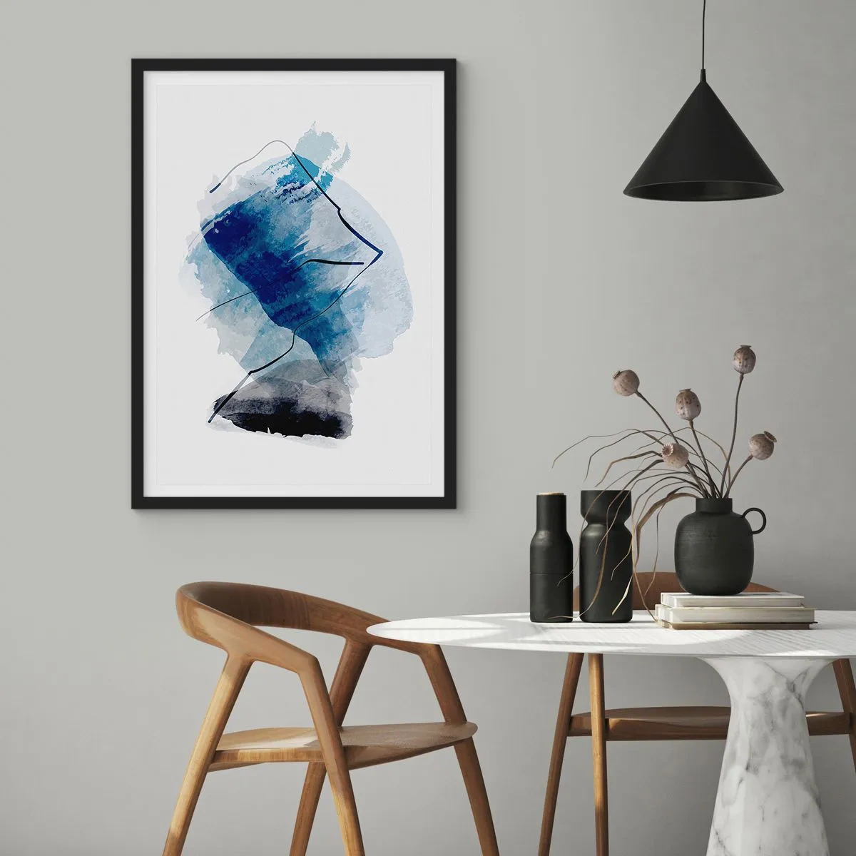 Affiche dans un cadre noir - Poster - Abstraction dans les tons de bleu avec des lignes noires - 50x70cm - Montagne de glace - Décoration murale moderne pour le salon et la chambre ARTTOR