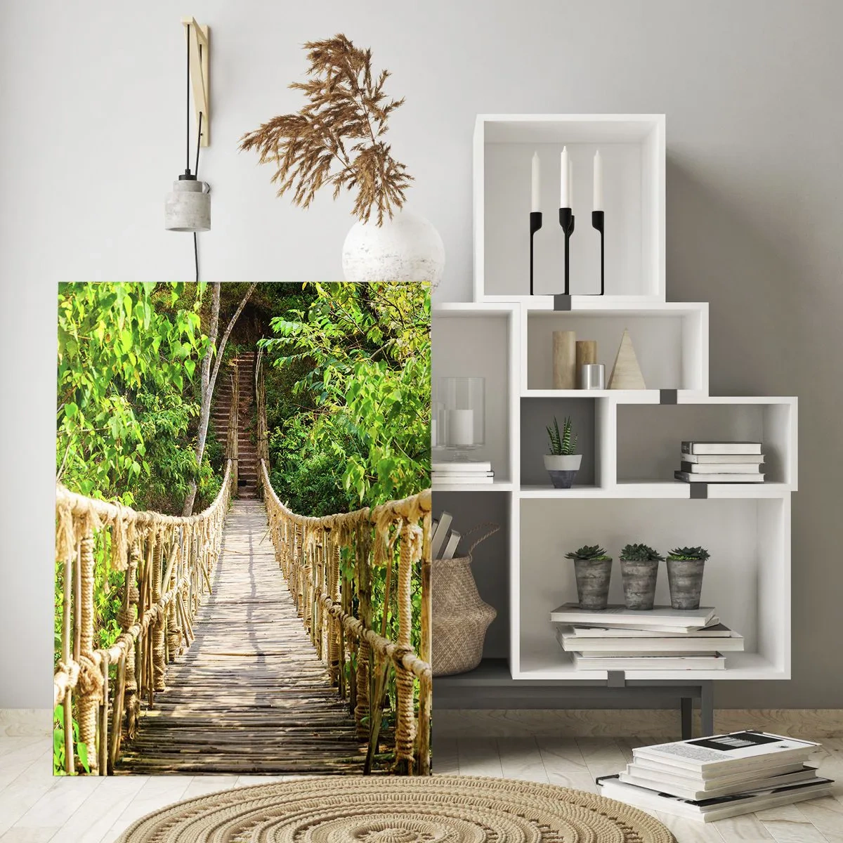 Impression sur verre - Image sur verre - Un pont suspendu dans une forêt tropicale pleine de verdure - 70x100cm - Suspendu dans la nature - Décoration murale moderne pour le salon et la chambre ARTTOR