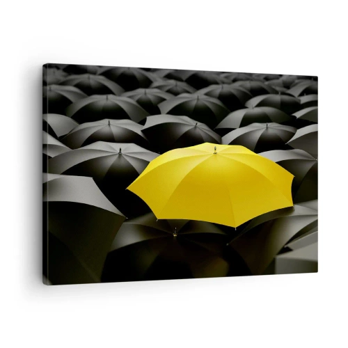 Impression sur toile - Image sur toile - Un parapluie jaune parmi des parapluies noirs - 70x50cm - Adieu chagrin - Décoration murale moderne pour le salon et la chambre ARTTOR